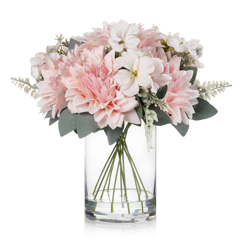 Arrangement floral dahlia artificiel dans un vase en verre transparent, Rose