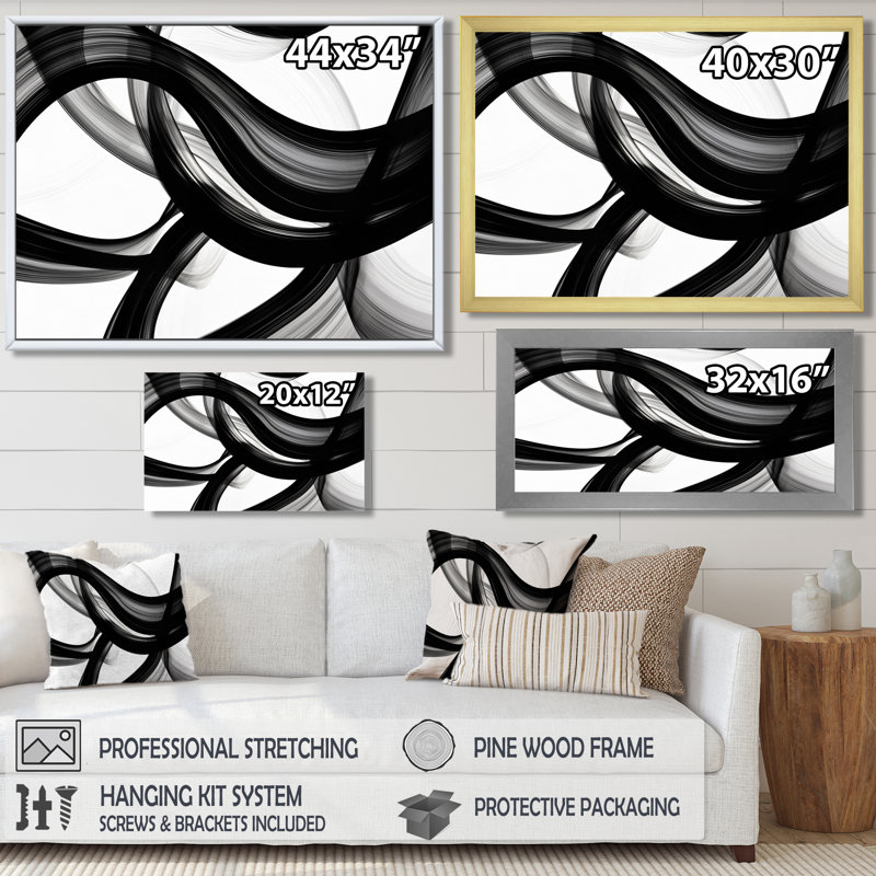 Vagues abstraites blanc noir tourbillons - formes abstraites modernes, art mural, 24" H x 32" W x 1" D