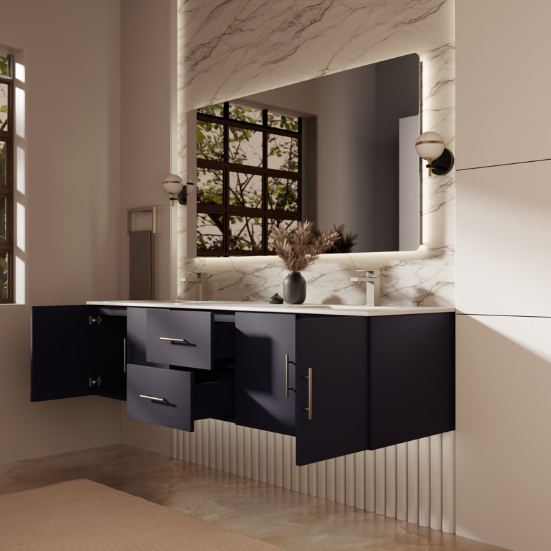 Ensemble de meuble-lavabo double mural 72 "avec miroir Geneva, Marine, Marbre de culture blanc