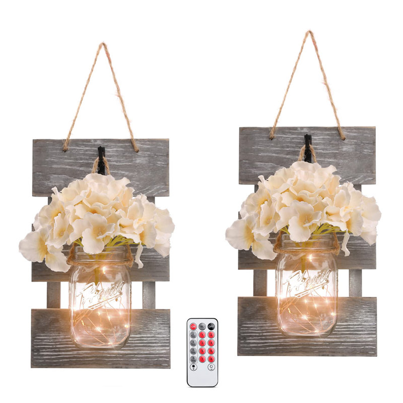 Mason Jar Wall Decor with 6-Hour Timer LED Lights & Flowers - Rustic Home Decor (Set of 2)