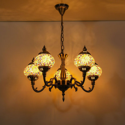 Lustre suspendu en mosaïque marocaine à 5 globes Tiffany