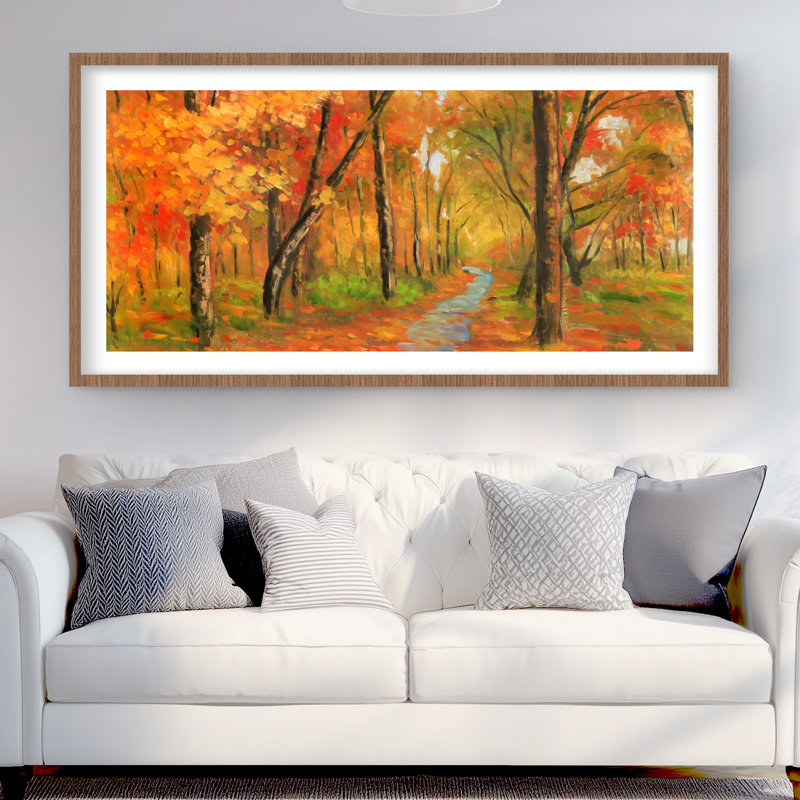 «Autumn Trail in the Forest - Contemporary Trees», reproduction encadrée
