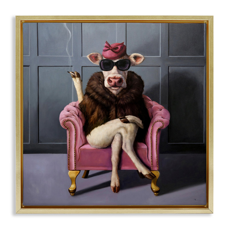 «Trendy Pink Glam Cow», toile encadrée dorée encadrée par Lucia Heffernan, H 18 po x l 18 po, Cadre flottant métallique doré