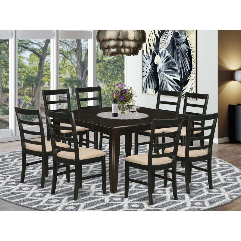 Ensemble de salle à manger 9 pièces comprenant une table carrée avec rallonge papillon et 8 chaises rembourrées en lin, 137 x 137 cm, cappuccino