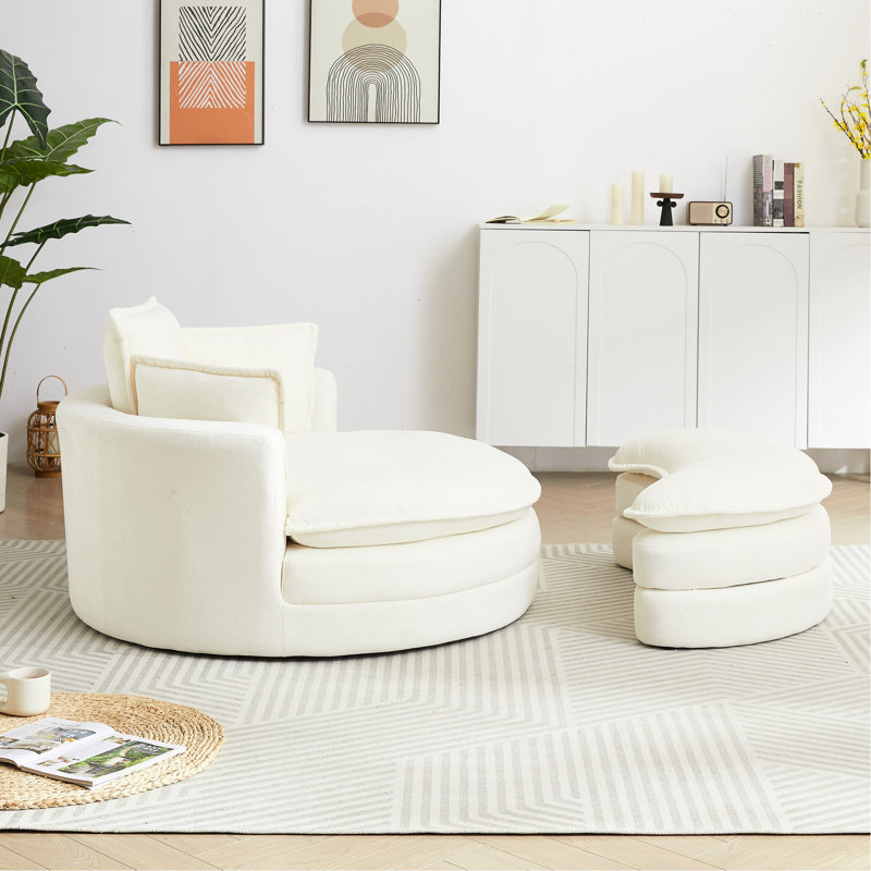 Beige Lounge Chair With Spacious Seat And Convenient Storage Swivel Soft Chenille In Colour