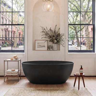 55" Stone Resin Freestanding Soaking Tub, Modern Oval Solid Surface Bathtub with Integrated Slotted Overflow & Drain, Matte Black