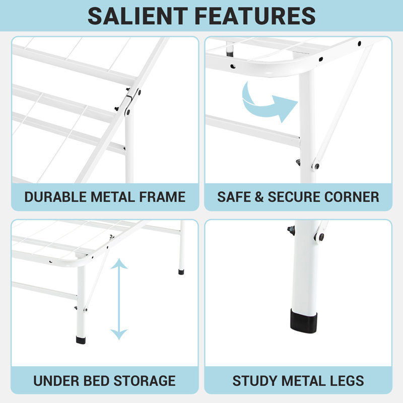 White Twin Foldable Metal Platform Bed Frame with Underbed Storage