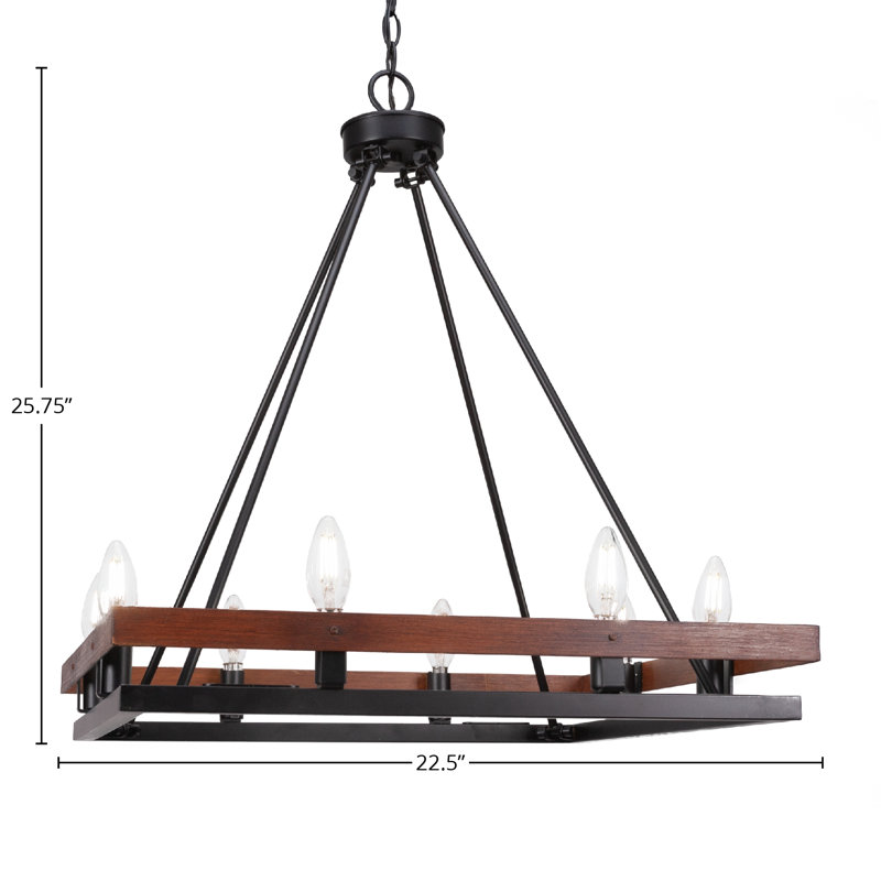 Lustre carré à 8 lumières Belmont illustré en métal aspect bois peint et finition noir mat