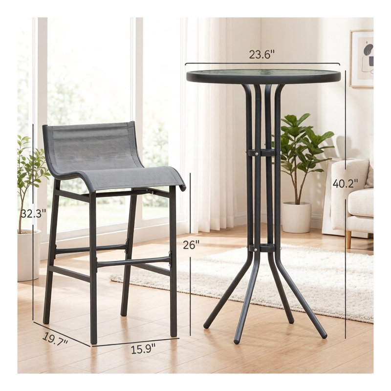 Ensemble bistro moderne en métal et en maille avec table en verre trempé