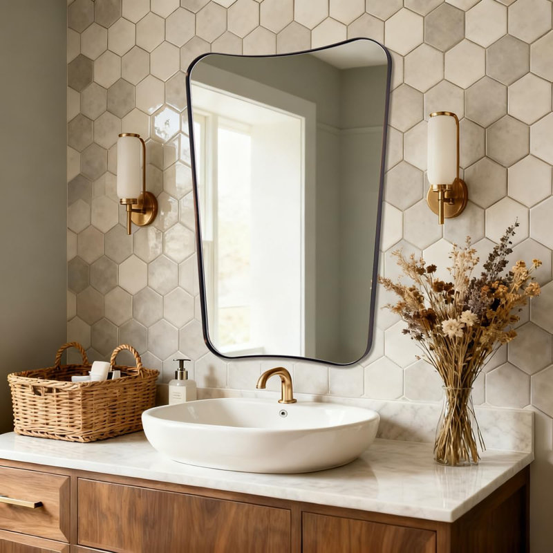 Miroir de salle de bain Contemporary Cadre en acier inoxydable, 32 po x 24 po, Bronze brossé