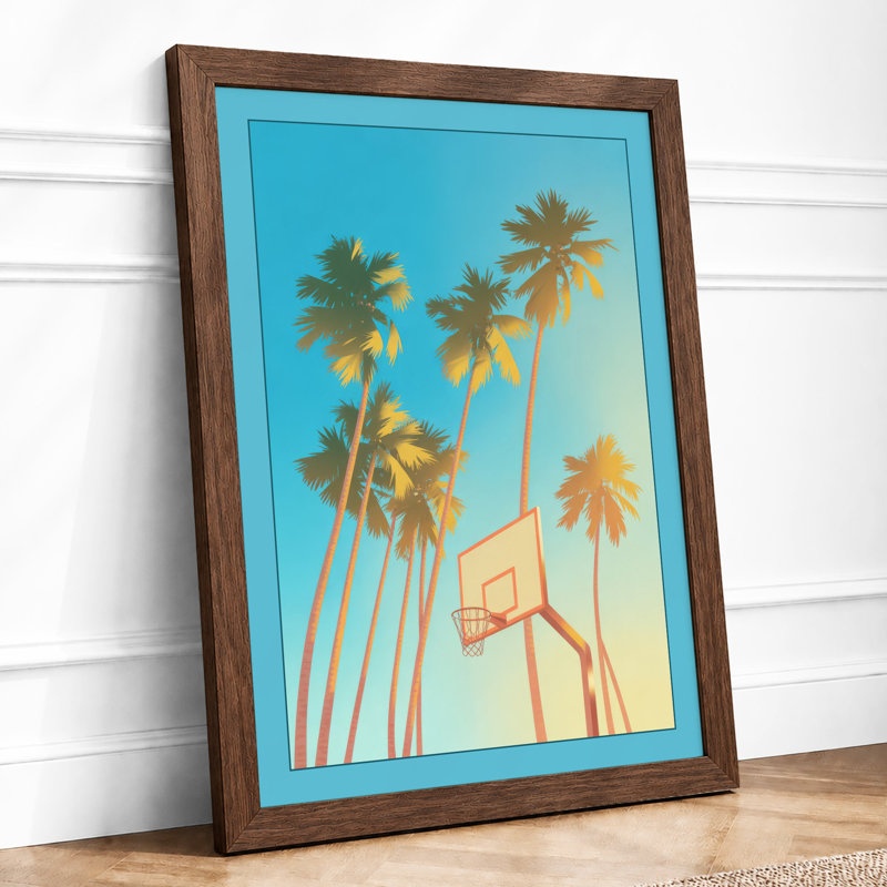 Palms and Hoops Coastal - Framed Print, A2 - 59.4 x 42.0 cm, Walnut