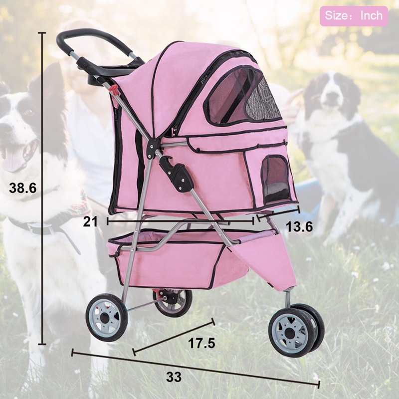 Pink 3-Wheel Folding Pet Stroller for Dogs and Cats