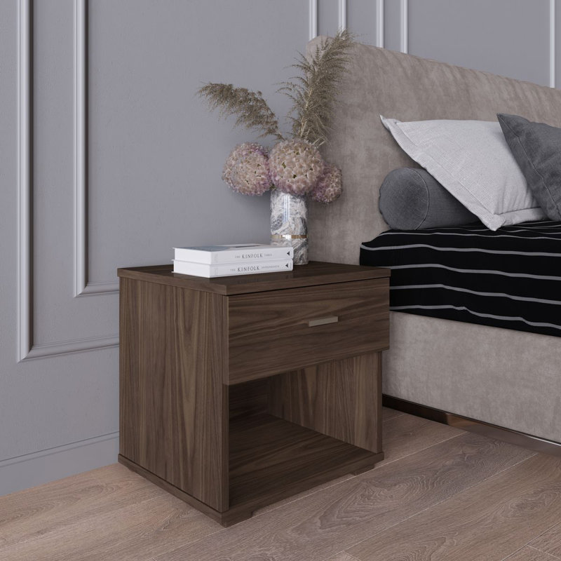 Novara Single Drawer Low Profile Nightstand, Walnut