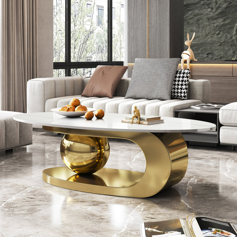 Table basse 49,2 pouces ovale en faux marbre pour salon avec base en acier inoxydable, Gold,White