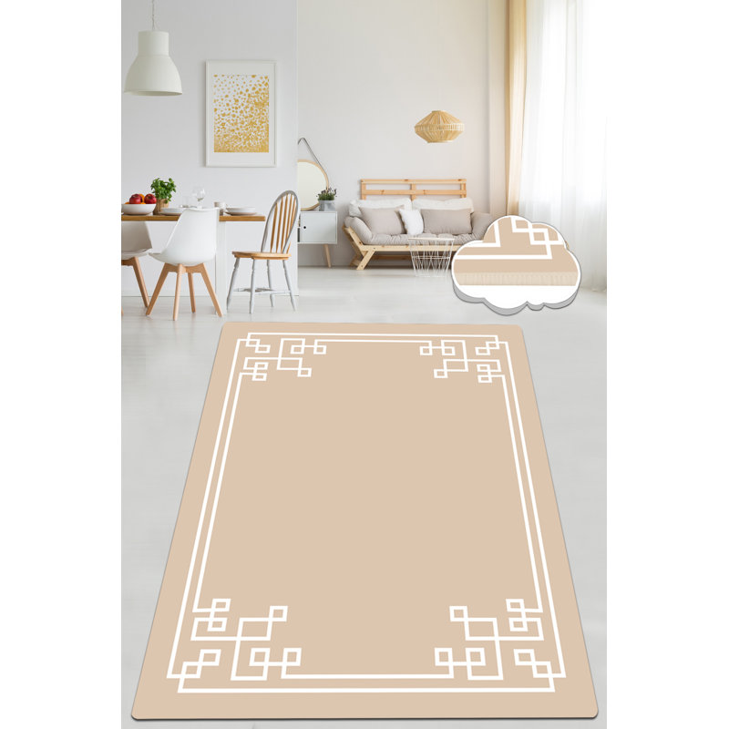 Stylish Hall Carpet (2.6 x 4.9 ft), Beige & White, 100% Polyester | Antibacterial, Non-Slip Felt Dot Underside, 0.4 in Pile Height | Machine Washable, Durable & Easy to Clean | Perfect for Entryways & Living Rooms