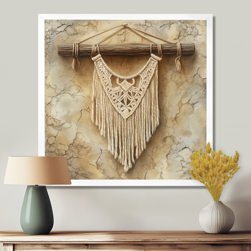 Esprit macramé beige, brun et doré I - Tableau bohème abstrait encadré, H 24 po x l 24 po, Cadre photo blanc