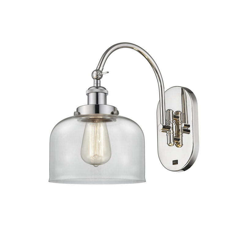 Applique murale articulée en métal 1 lumière avec abat-jour cloche en verre Shauna, Incandescente, Transparent, Nickel poli
