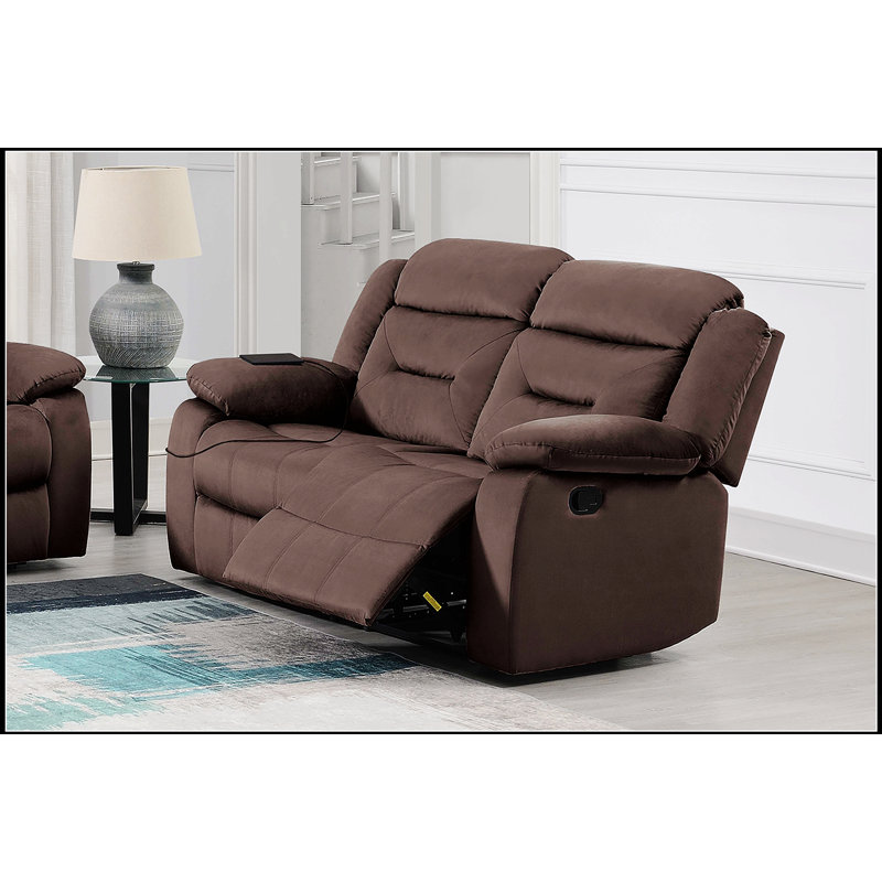 Manual Loveseat With Plush Backrest, Pillow Arms, Horizontal Tufting, USB Port, And Chocolate Finish For Modern Living Rooms