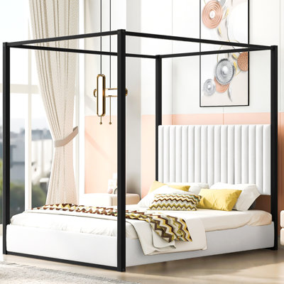 Queen Size Upholstery Canopy Platform Bed with Headboard and Metal Frame, White