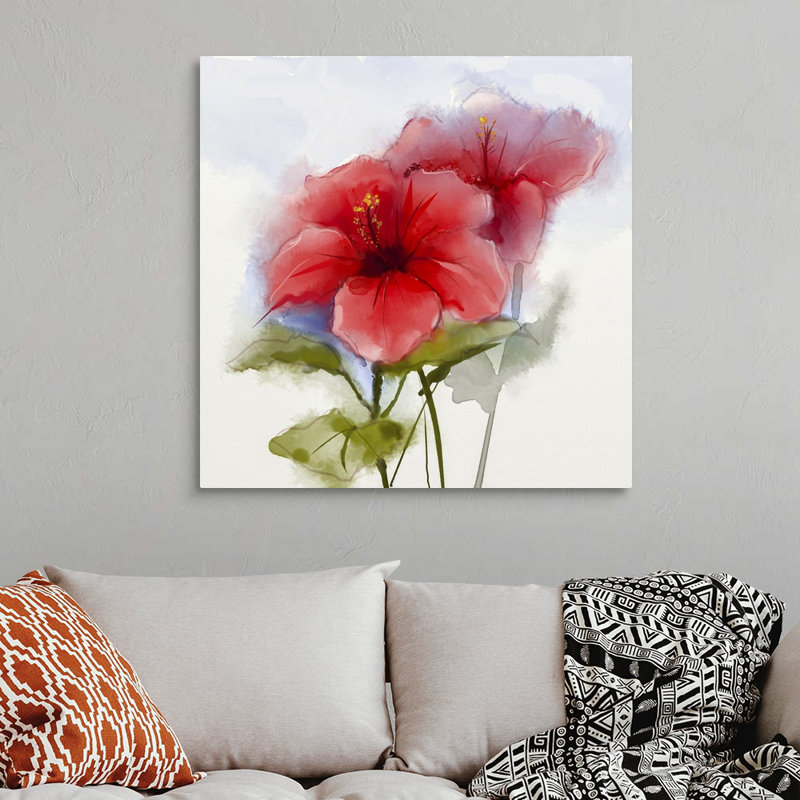 Aquarelle sur toile, fleur d'hibiscus rouge, Toile tendue, H 36 po x l 36 po x P 1,25 po