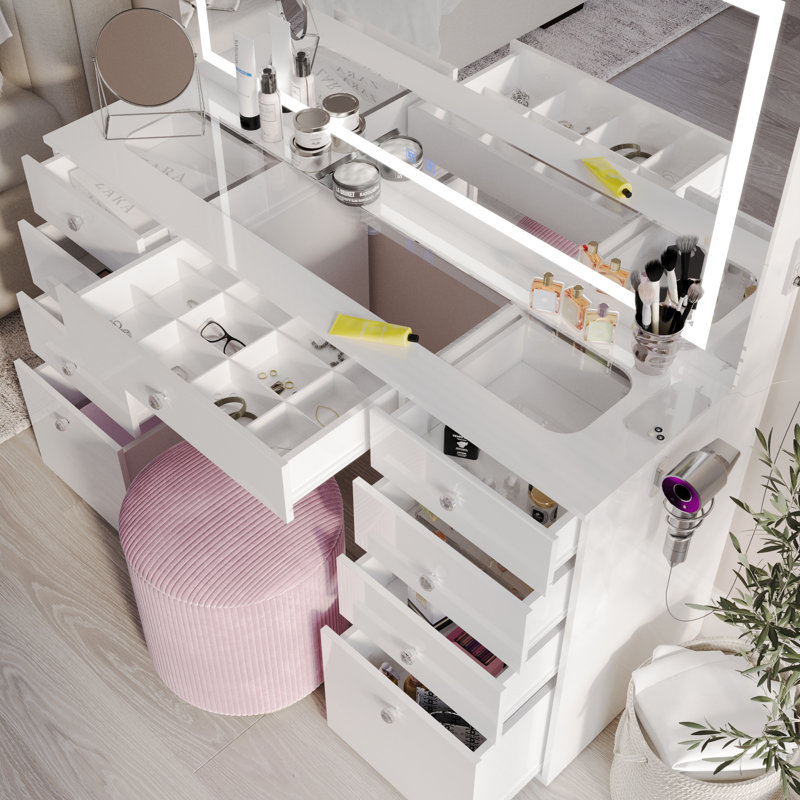 Selina Extra-Large Premium Vanity Table With Integrated Speakers And Luxury Storage, White