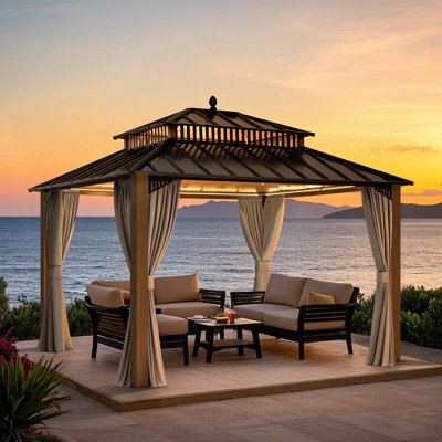 SUNJOY Kingston 12x10 Gazebo, Steel Roof Hardtop Gazebo with Curtain and Netting - Woodgrain Posts