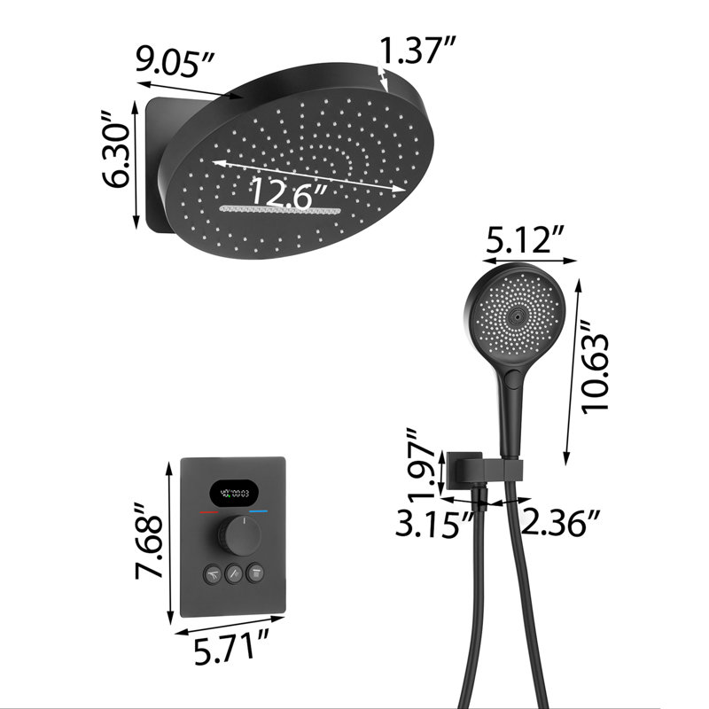 Système de douche complet avec valve brute, Noir mat