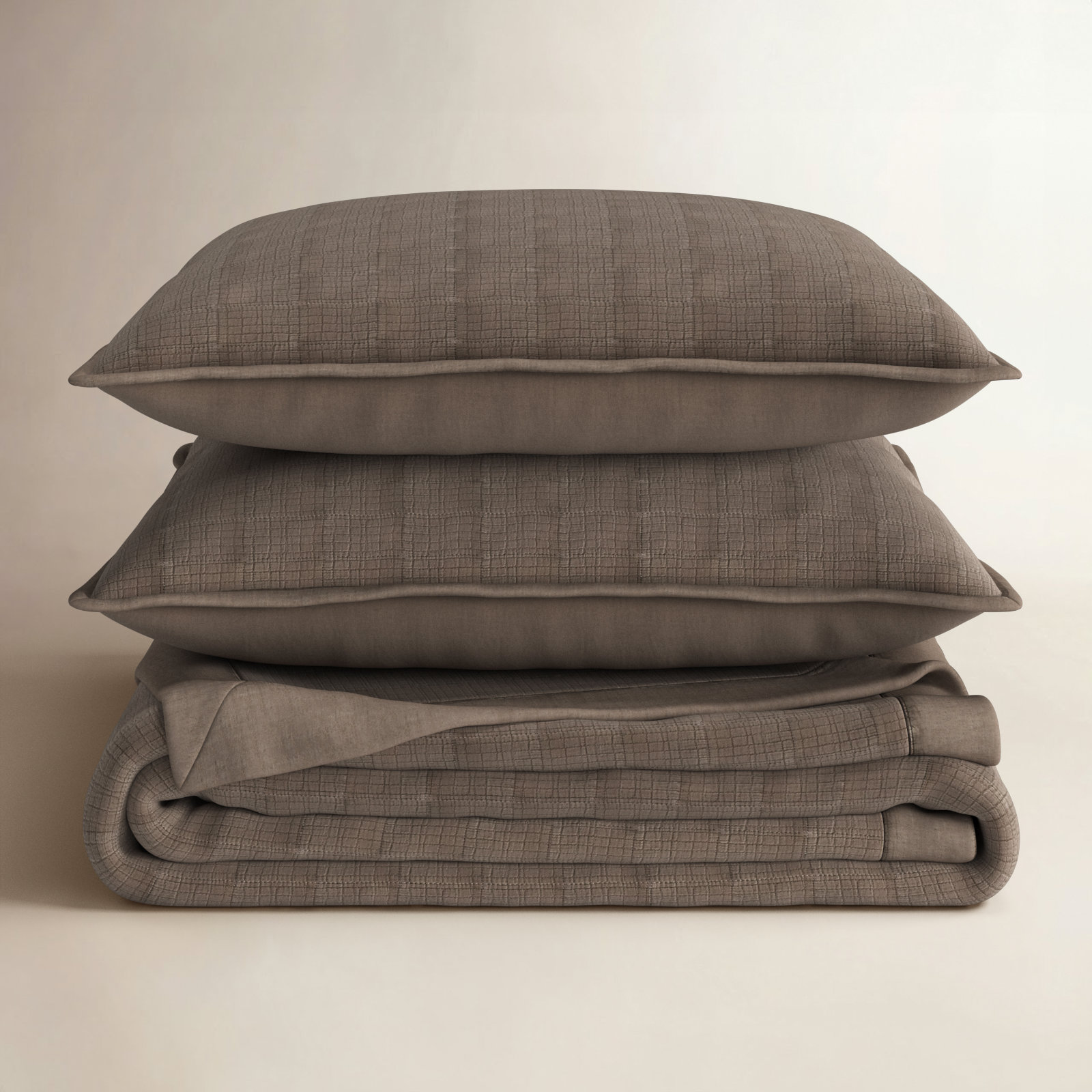 Stonewashed Crinkle Cotton Box Stitch Quilt Set, Mocha Brown, King Quilt + 2 King Shams