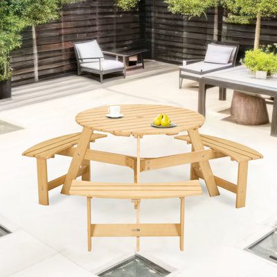 Table de pique-nique d'extérieur pour 6 personnes, 3 bancs intégrés avec trou pour parasol. Bois naturel, imperméable pour le jardin, la cour, le porche, aspect rustique, trou, patio