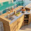 Ensemble de cuisine modulaire pour l'extérieur | Bois de cèdre, comptoir en acier inoxydable, base de lavabo et armoires de rangement-132759224