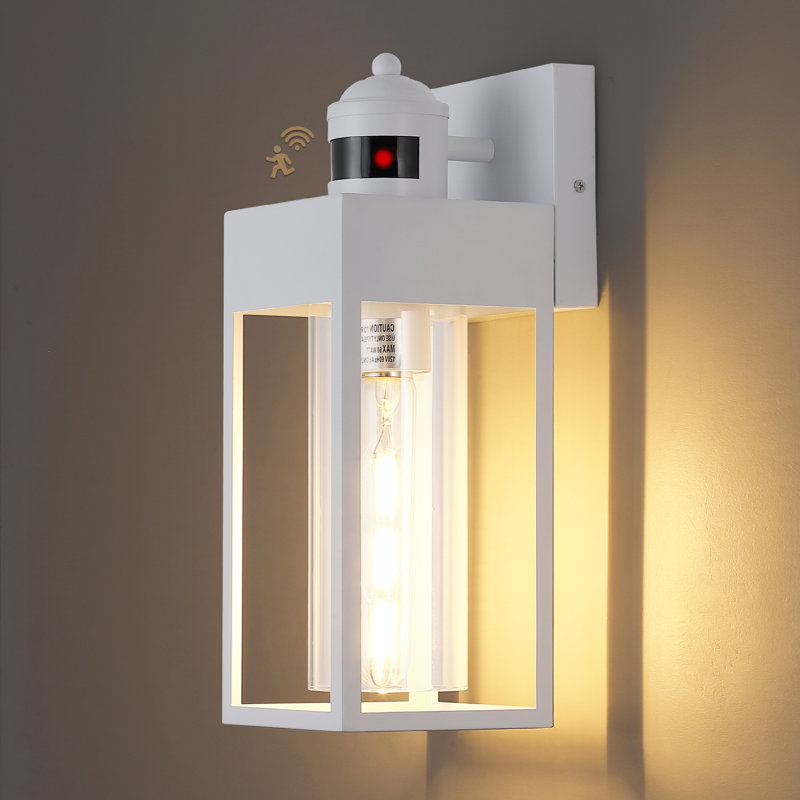 Motion Sensor Outdoor Wall Sconce, White Rectangular Metal Frame With Tempered Glass Shade, Waterproof Exterior Lantern For Garage Entryway Yard