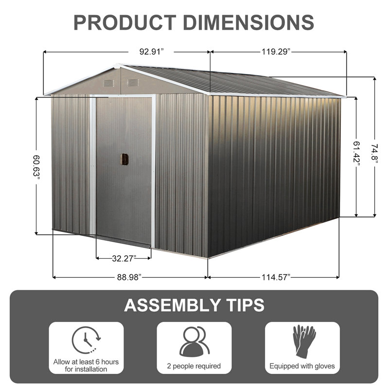 Metal Storage Shed, 74.76" H x 92.88" W x 119.28" D, Gray