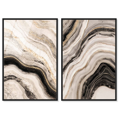 «Neutral Crystal Rivers Duo», ensemble d'art mural encadré à imprimé acrylique Geode par Art Remedy, cadre noir, 20 x 30