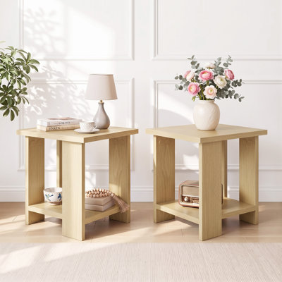 Set of 2 Small Square End Tables with 2-Tier Storage Shelf, Modern Wood Side Table Nightstands for Living Room Bedside Sofa, Compact Accent Furniture