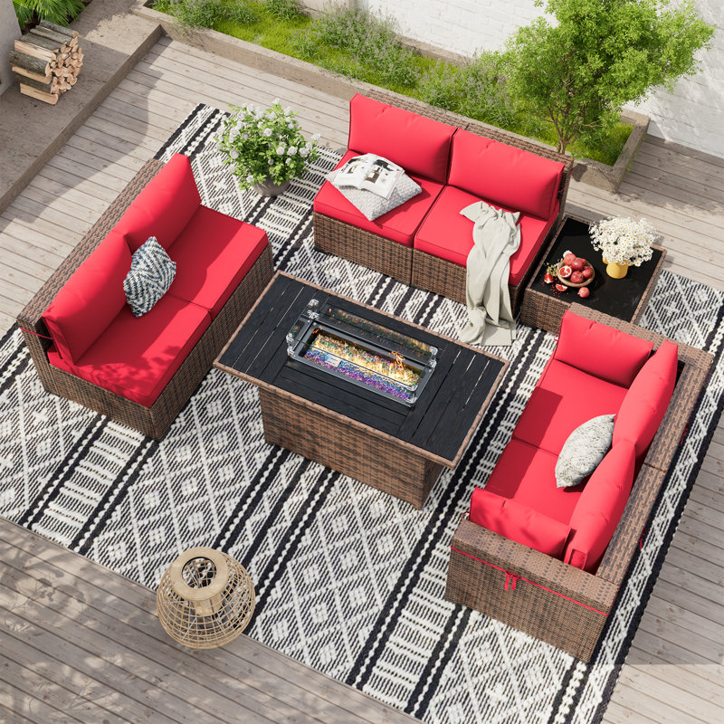 Ensemble de conversation modulaire en rotin Babak avec foyer et table basse, 6, Rouge