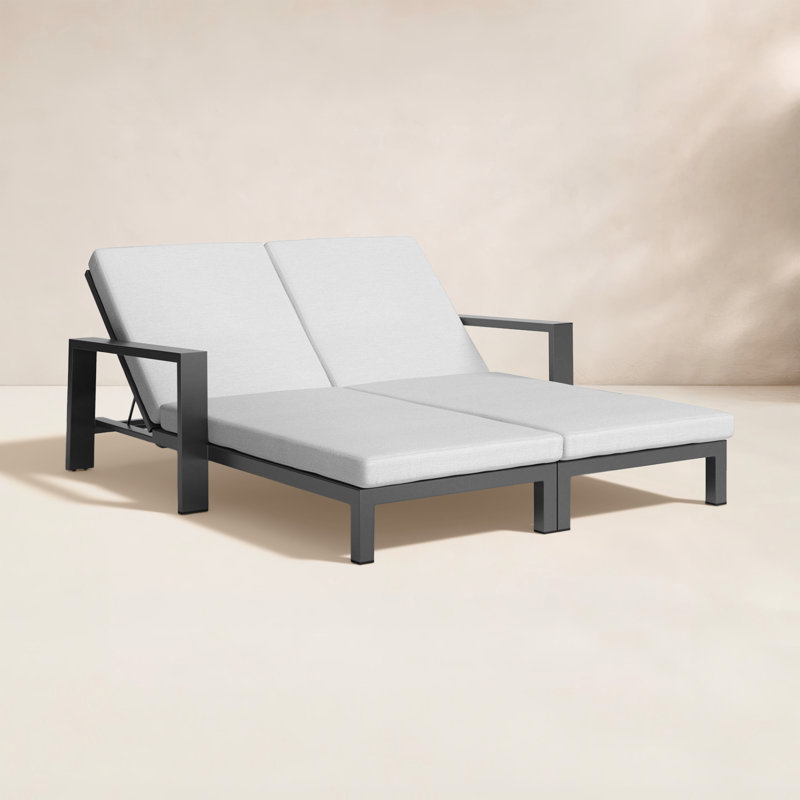 Hoyt Outdoor Metal Double Chaise Lounge, Grayish Cushion/Gray Frame