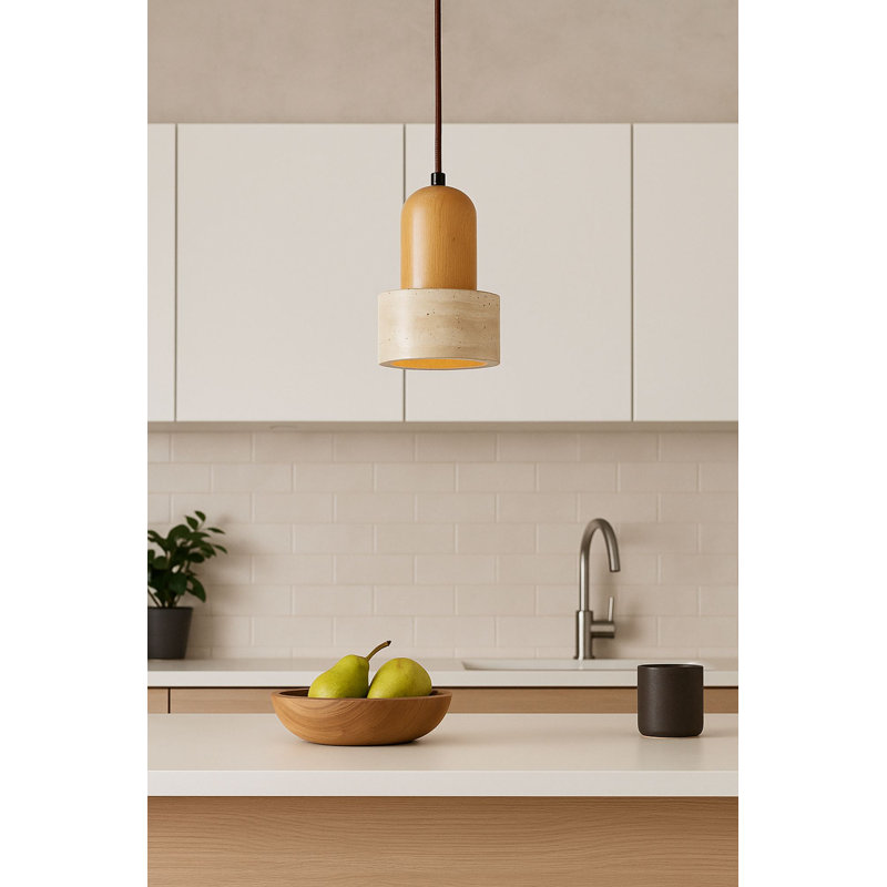 Lustre réglable élégant, structure en bois avec capuchon en travertin, 12 po x 7,5 po | Hauteur réglable de 9,4 à 60,6 pouces | 1 x douille E27 (40 W maximum, ampoule non incluse) | Finition beige et chêne, parfaite pour le salon et la salle à manger