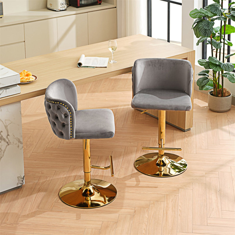 wendeway ,Swivel Barstools Adjusatble Seat Height With Gold-plating Base, Classic Velvet Upholstered Bar Stools with the whole Back Tufted (Set of 2)