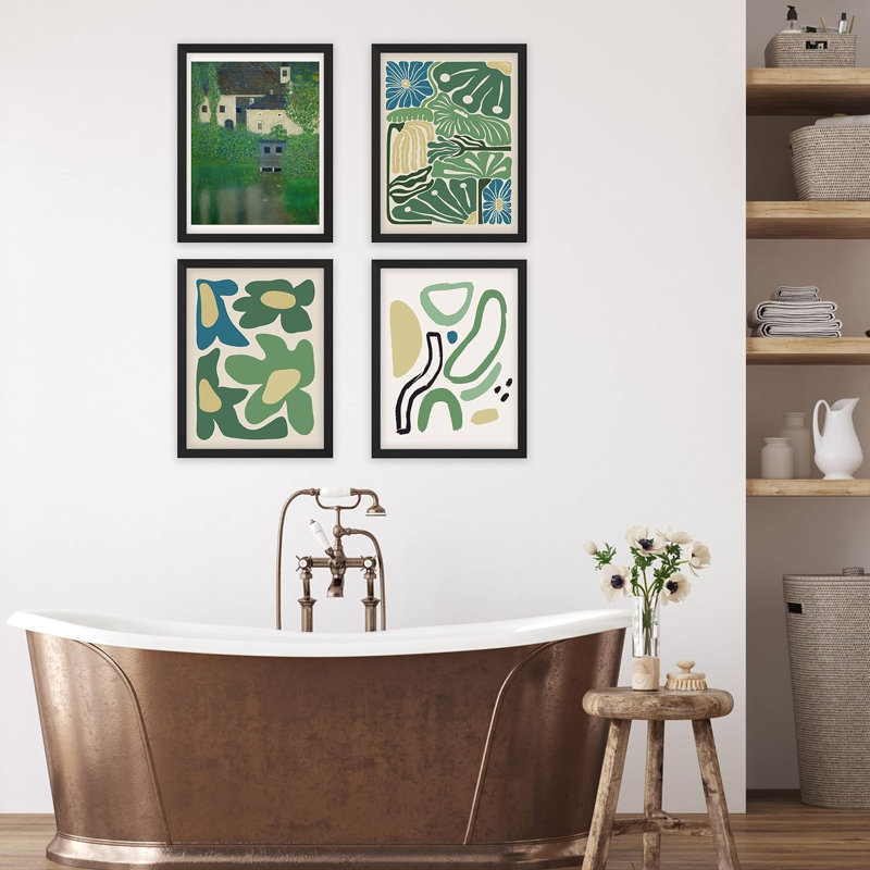 Décoration de salle de bain Bureau, motif géométrique de fleurs vertes, forme abstraite, minimalisme, relaxation / zen, impression sur papier encadrée de 4 pièces