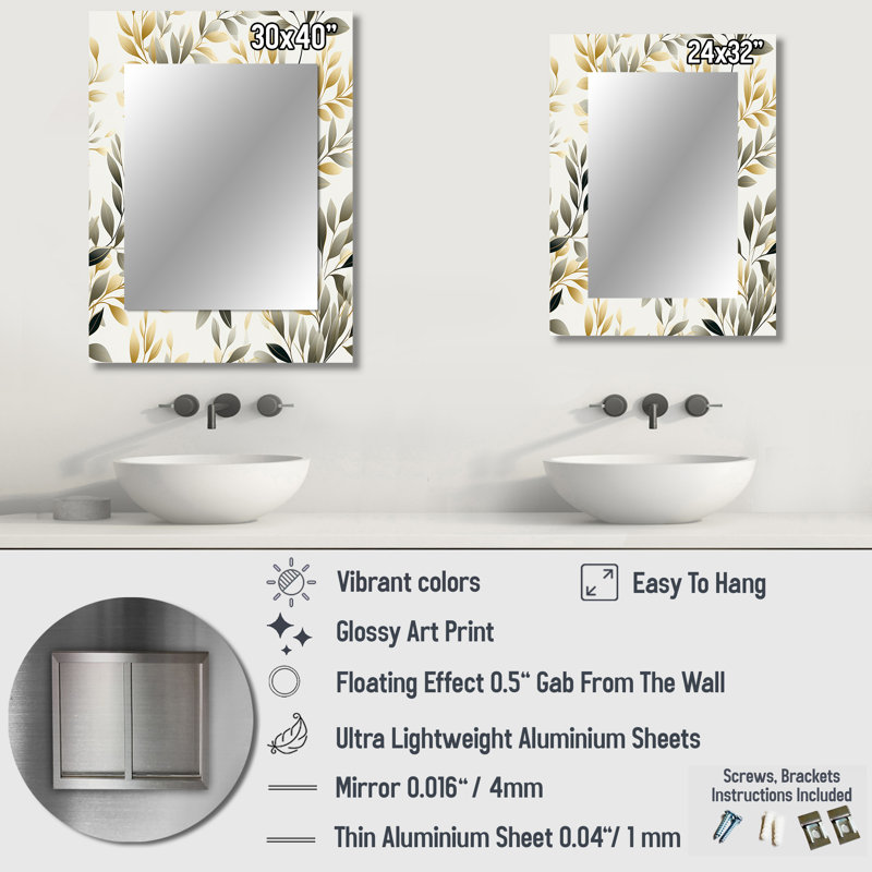 Rupesh Minimalist Nature - Plantes, miroir mural unique, miroir bohème, impression sur métal, 32 po x 24 po