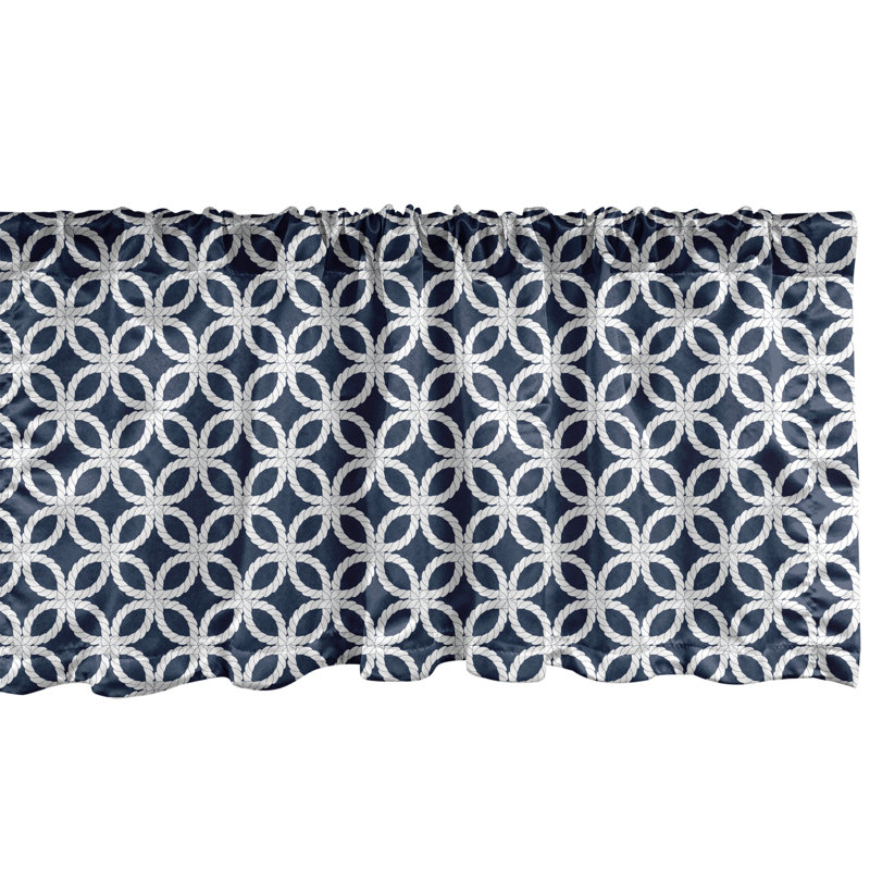 Dark Blue and White Geometric Satin Rod Pocket Valance