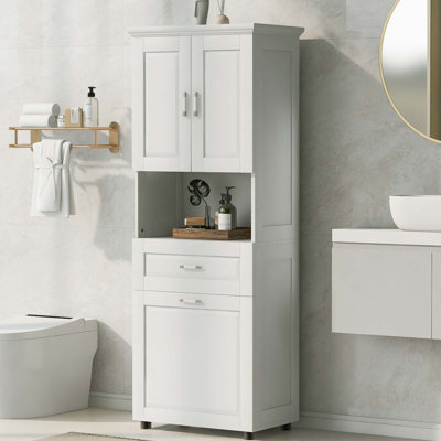 Tall Bathroom Cabinet With Laundry Basket, Large Tilt-Out Laundry Hamper And Upper Storage Cabinet