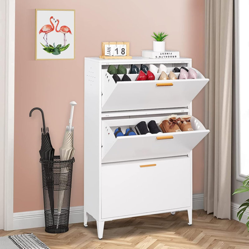 Armoire à chaussures pour l'entrée, armoire à chaussures autoportante en métal avec 3 tiroirs rabattables et tablette réglable