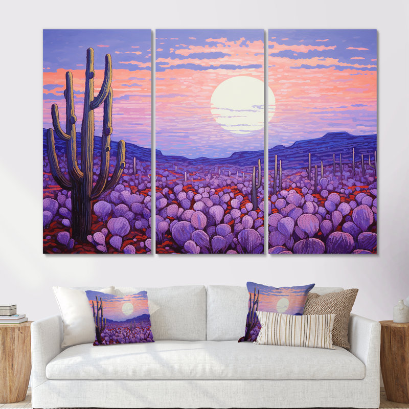 Cactus lavande paysage - ensemble d'art mural sur toile cactus floral, Toile tendue, H 40 po x l 60 po x P 1 po