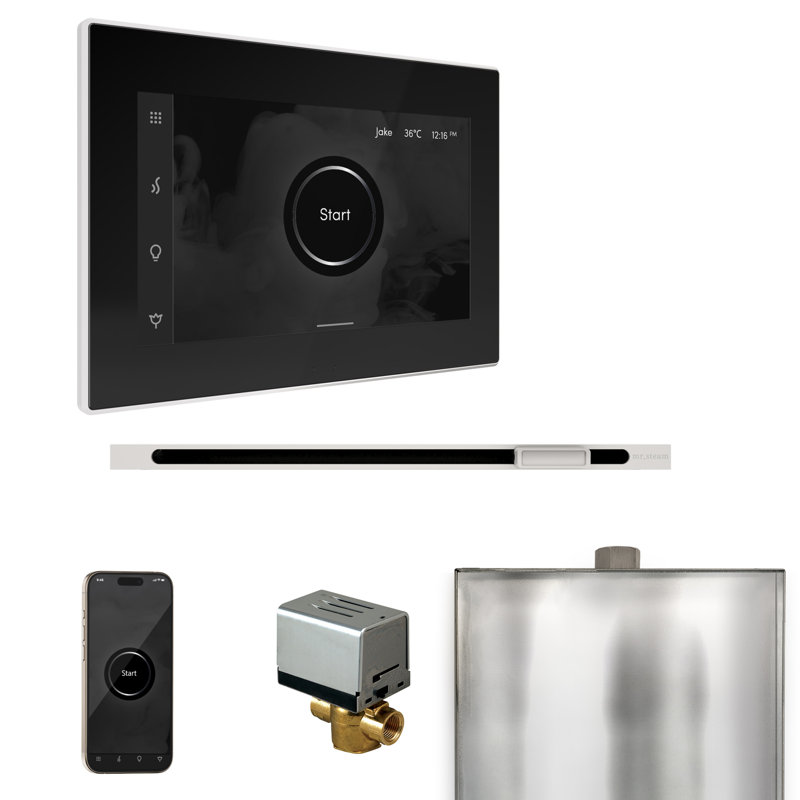 Ensemble de commande de douche à vapeur XButler avec contrôle iSteamX et tête de vapeur linéaire en noir brillant
