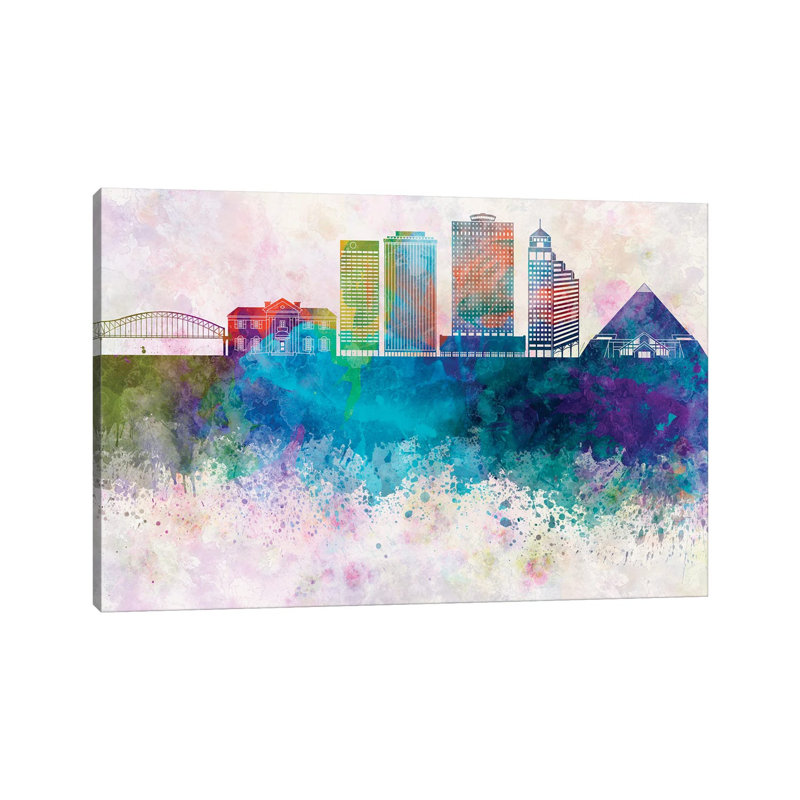 Memphis II Skyline In Watercolor Background by Paul Rommer - Gallery-Wrapped Canvas Giclée on Canvas, No Frame
