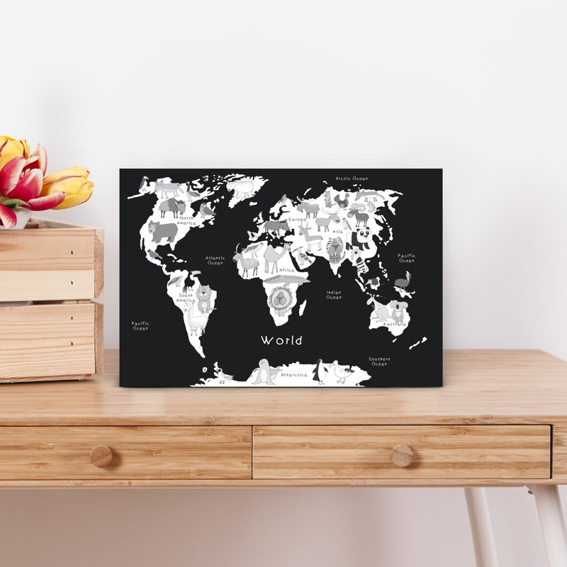 Carte du monde des animaux - Art mural contemporain - Ours, Éléphant, Koala - Nature et faune, H 12 po x l 18 po