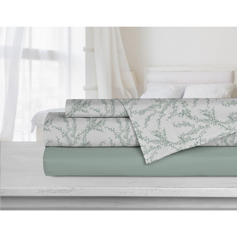 Microfiber Floral Sheet Set, Full Sheet Set + Fitted Sheet + 2 Pillowcases, Green
