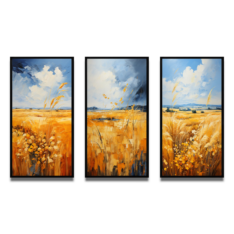 «Yellow Blue» Bold Sky and Golden Prairies - ensemble de 3 impressions, Cadre flottant noir, H 28 po x l 36 po