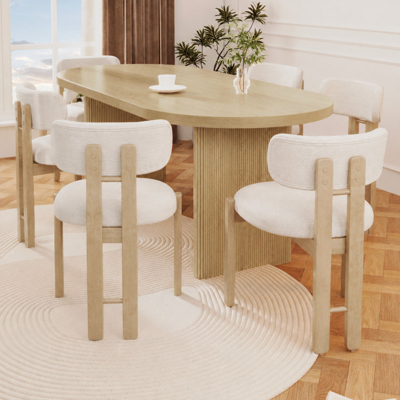 Boucle Upholstered Side Chair in Beige, 6, Natural Wood